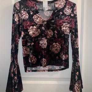 Velvet floral crop top with bell sleeves